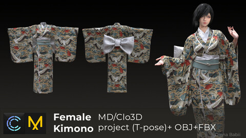 Female Kimono CLO3D / MARVELOUS DESIGNER PROJECT +OBJ +FBX