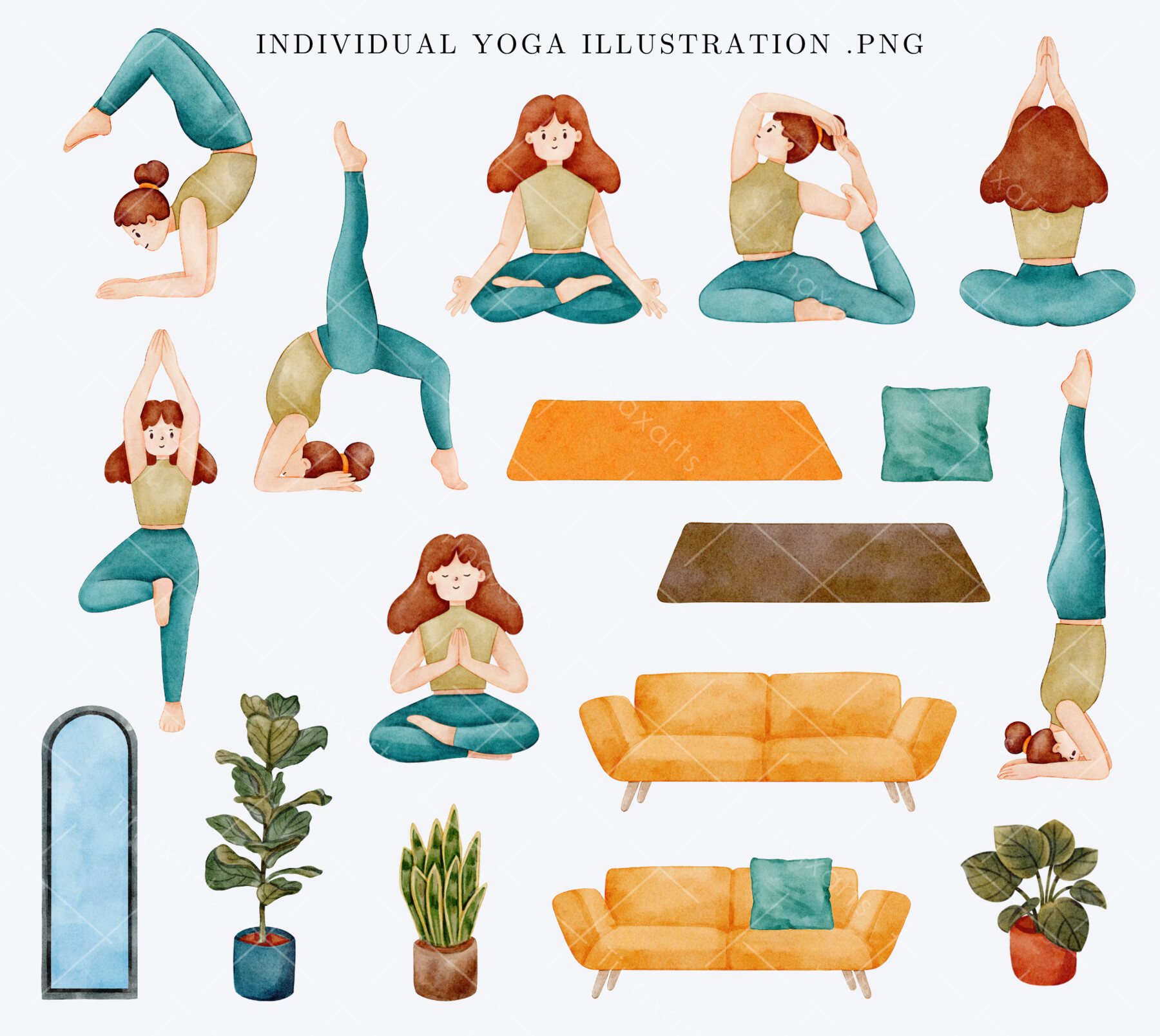 Watercolor yoga clipart. Yoga equipment. Female yoga pose clip art By Art  and Funny