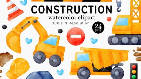 Construction Watercolor Clipart, Construction Vehicles Instant Download - Excavator - Dump Truck - Cement Truck