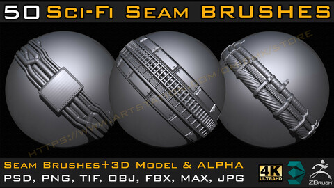 50 Sci-fi Seam Brushes+3D Model & Alpha ( Tileable 4k-16bit) Vol.02