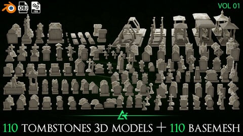 110 Tombstones 3D Model + 110 Base Mesh - Vol 1
