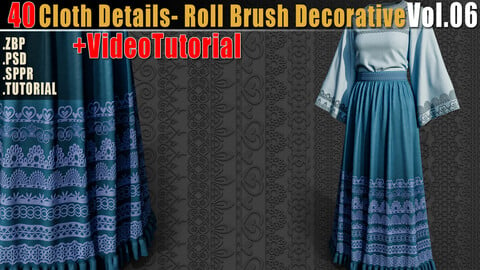 40 Cloth Details - Roll Brush Decorative + Alpha PSD + ZBP + SPPR + Video Tutorial_ Substance and Zbrush Vol6