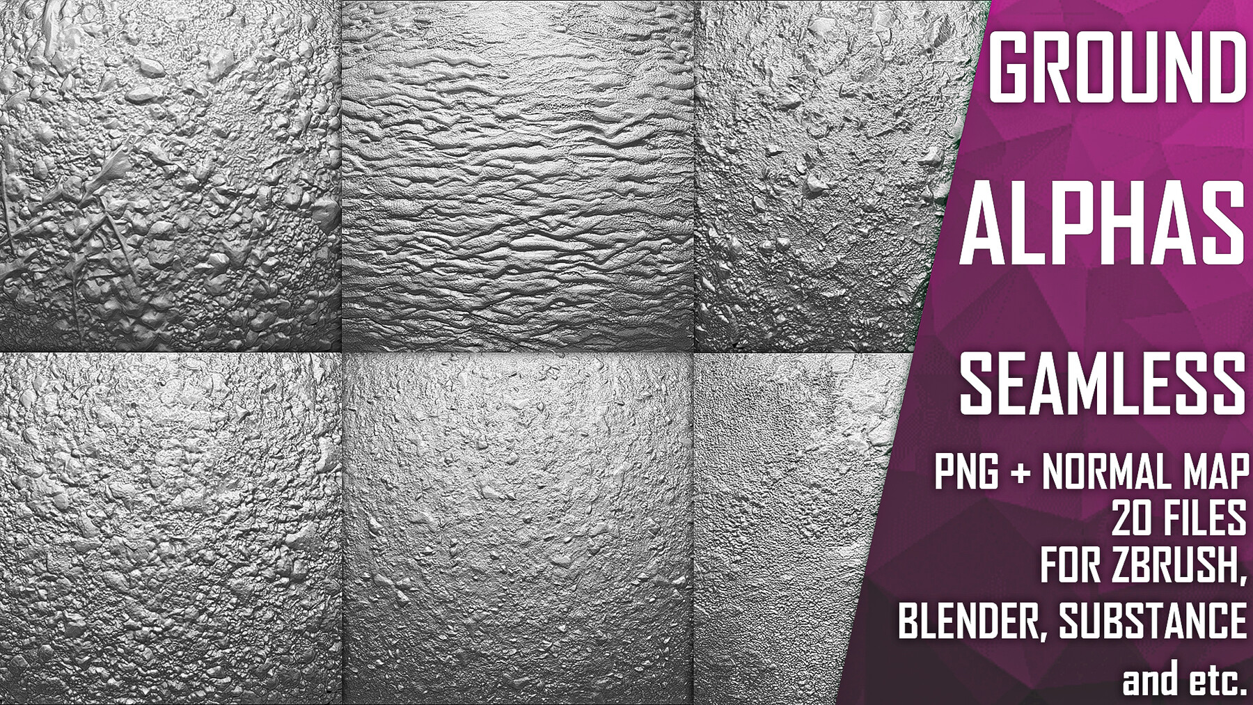 20 Ground Alphas vol.3 for ZBrush, Substance (2K, PNG, Normal) preview