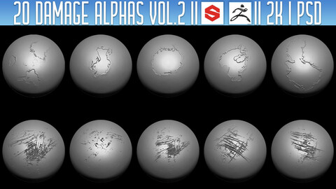 20 Damage Alphas Vol.2 (ZBrush, Substance, 2K, PSD)