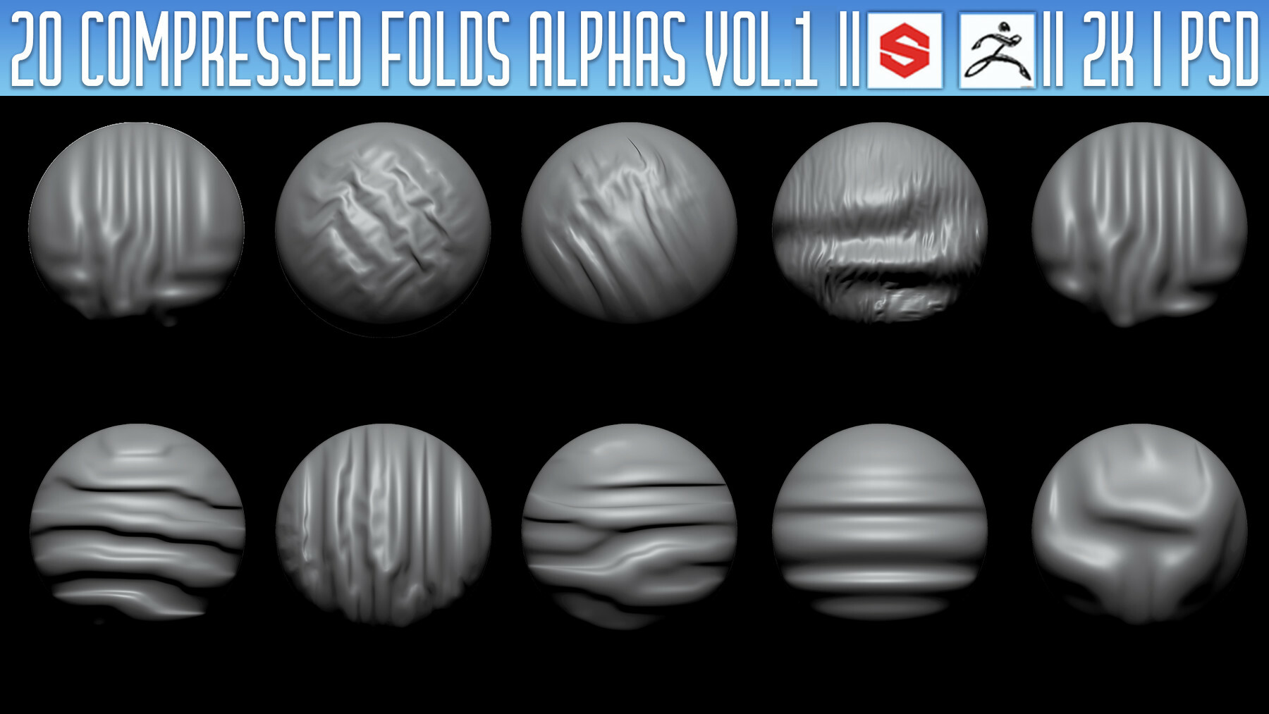 20 Compressed Folds Alphas Vol.1 (ZBRush, Substance, 2K, PSD) preview 1