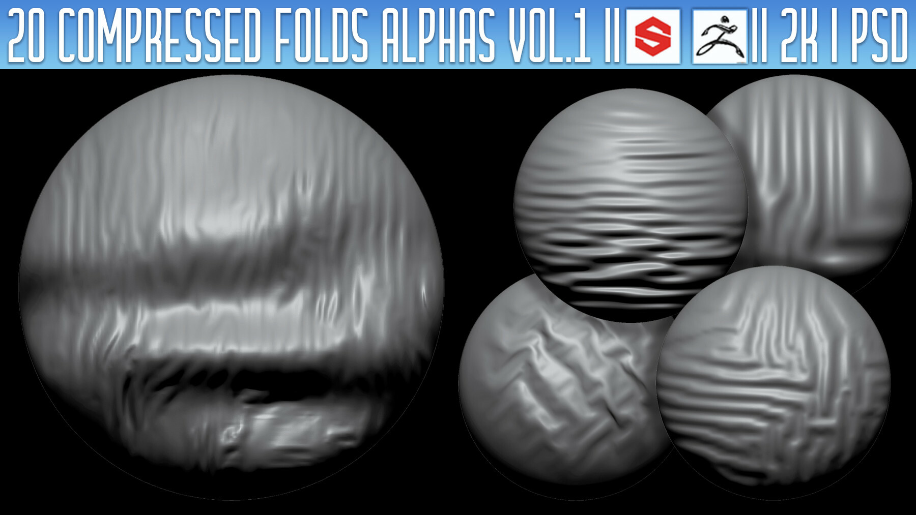 20 Compressed Folds Alphas Vol.1 (ZBRush, Substance, 2K, PSD) preview