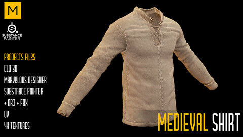 Medieval Shirt. CLO 3D & Marvelous & Substance projects. FBX & OBJ. 4K Textures.