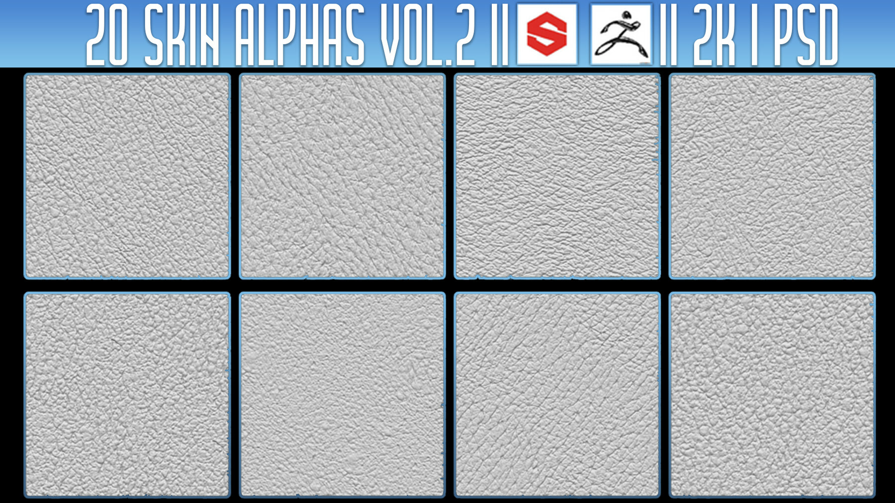 20 Skin Alphas Vol.2 (ZBRush, Substance, 2K, PSD) preview 2