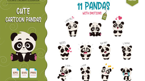 11 Cute Cartoon Pandas. T-Shirt, PNG, SVG.