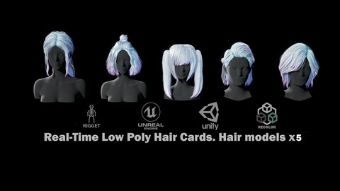 Hairstyle pack №1 (5 pieces). Low-poly / Game-ready / PBR. Polycount: 11 000- 22 000 Tris. / Rigging+Skinning.