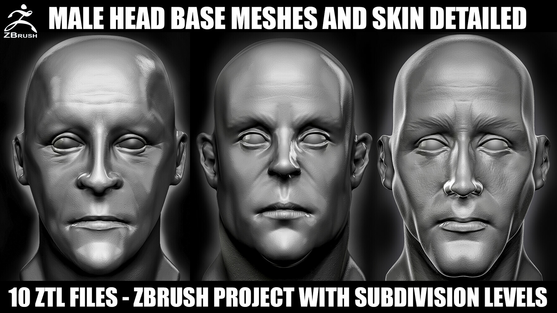 Male Head Base Meshes With Skin Details preview