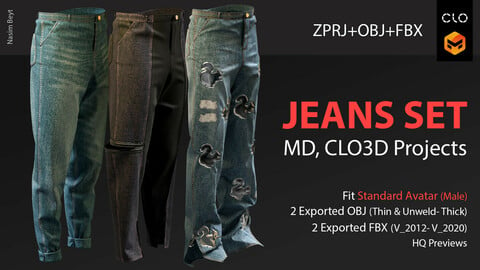 3 Different Male Jeans Sets (VOL 01) Marvelous Designer/Clo3D project file+OBJ,FBX