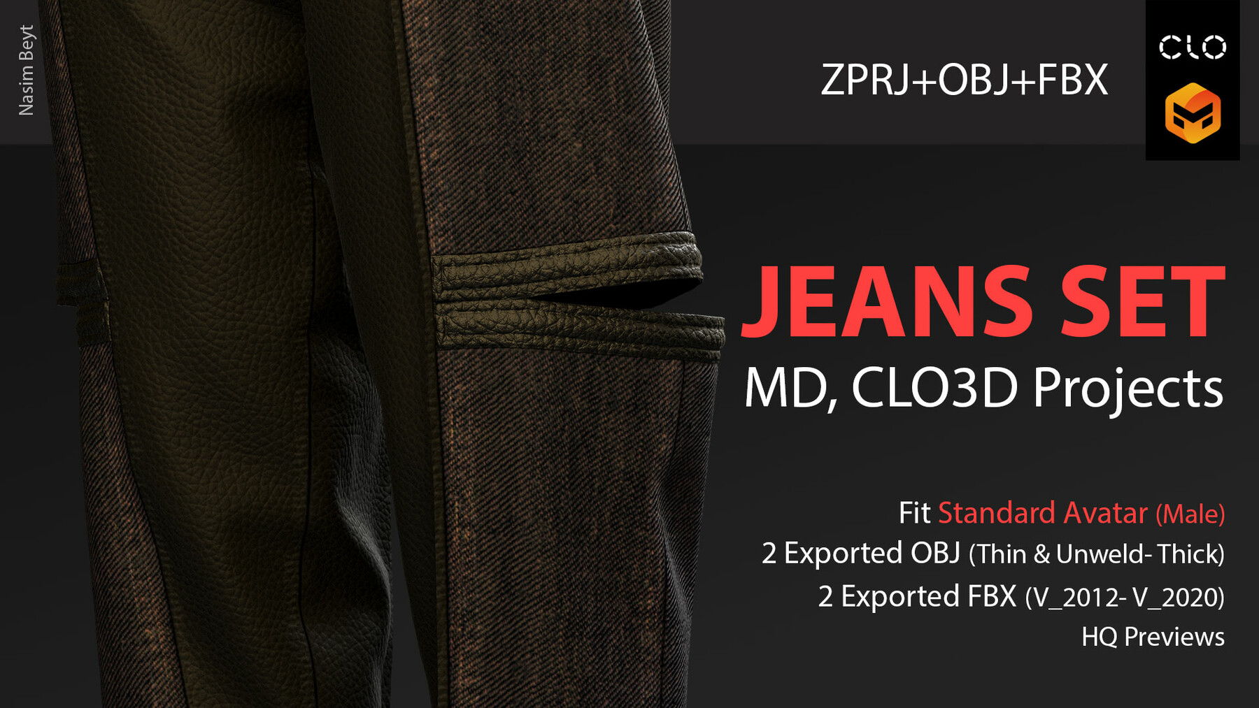 3 Different Male Jeans Sets (VOL 01) with Texture. CLO3D, MD  PROJECTS+OBJ+FBX