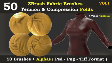 50 ZBrush Fabric brush & alpha - Tension and Compression folds - ( vol 1 )