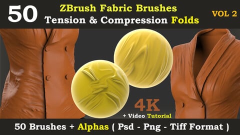50 ZBrush Fabric brush & alpha Tension and Compression folds - ( vol 2 )