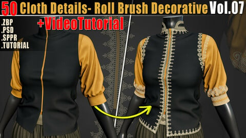 50 Cloth Details - Roll Brush Decorative + Alpha PSD + ZBP + SPPR + Video Tutorial_ Substance and Zbrush Vol07