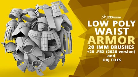 20 Low-poly medieval fantasy waist armor base mesh IMM brush set for Zbrush, FBX and OBJ files.