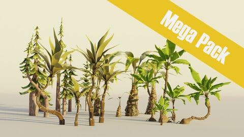 Palm tree Mega Pack Cartoon Stylized Hand painted Low-poly 3D model