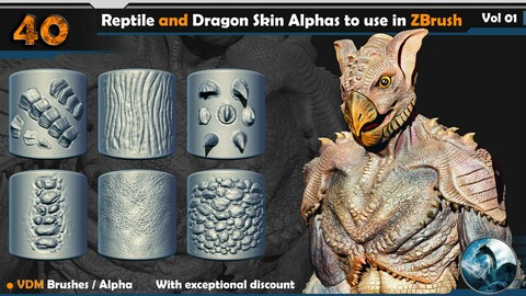 40 Reptile and Dragon Skin Alphas to use in ZBrush  Vol 01