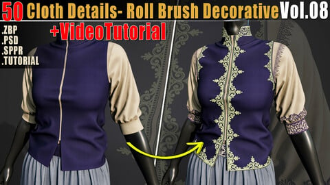 50 Cloth Details - Roll Brush Decorative + Alpha PSD + ZBP + SPPR + Video Tutorial_ Substance and Zbrush Vol08