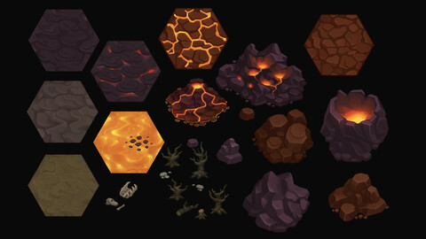 Stylized Hexagon Volcanic Map Tiles and Objects