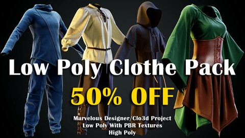 Low Poly Clothe Pack (50% OFF) MD/Clo3d Project + Low Poly With PBR Textures + High Poly