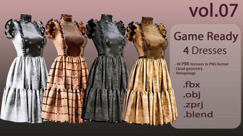 4 Dresses (low poly) vol_07:marvelous designer+obj+fbx+blender+pbr textures