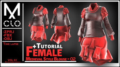 Female Medieval Style Blouse - 02 + Tutorial + Marvelous/Clo3d