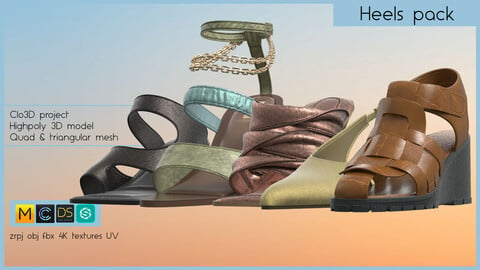 HEELS PACK  (5 pairs of heeled shoes made in Clo3D/Marvelous Designer): zrpj, obj,fbx, PBR 4K