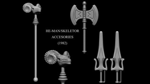 HEMAN AND SKELETOR ACCESORIES - 1982 - AXE SWORD HAVOC STAFF HE-MAN