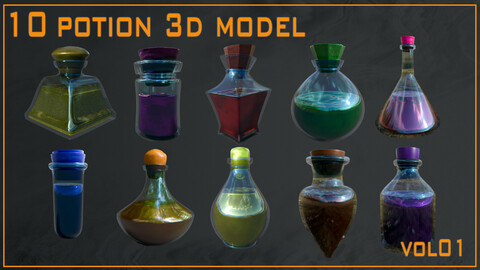 10 Potion 3D Model - VOL 01 (FBX/OBJ/.MAX + PBR Textures + SPP file)