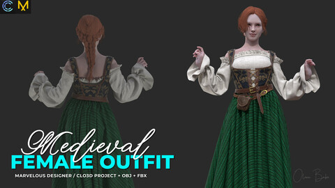 Marvelous Designer / Clo3d project+OBJ+FBX. Medieval Female Outfit