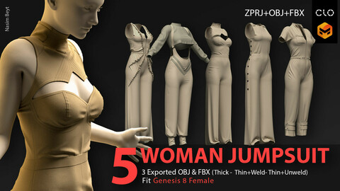 5 BASE WOMAN JUMPSUIT PACK (VOL.01).Marvelous Designer/Clo3D project file+OBJ,FBX