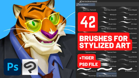 Stylized Character Rendering Brushes for Photoshop and Clip Studio + Tiger PSD file