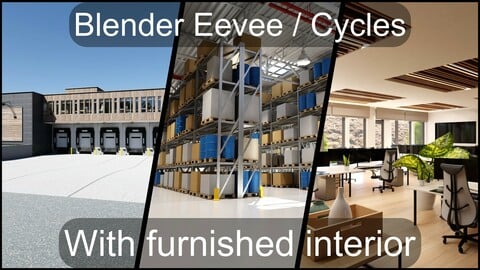 Modern furnished warehouse with office for Blender Eevee and Cycles