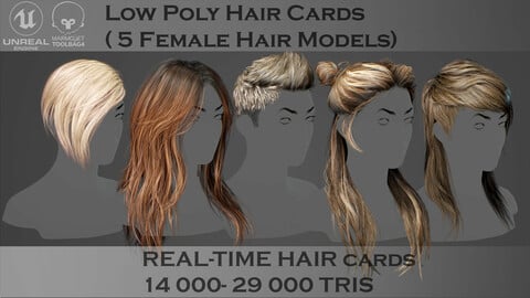 Realistic Hairstyle Pack (5 pieces). Real-Time Low Poly Cards