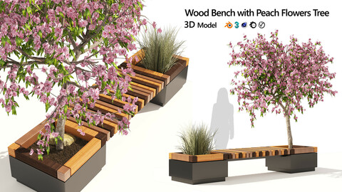 Wood Bench with Peach Flower & Grass Planter