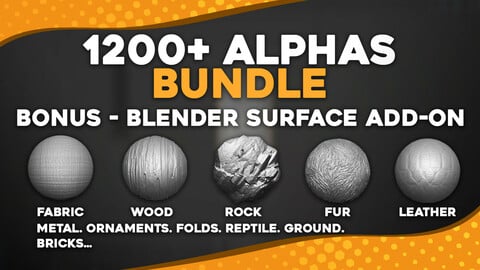 1200+ Alphas Bundle for ZBrush, Bledner. Surface Add-on for Blender.