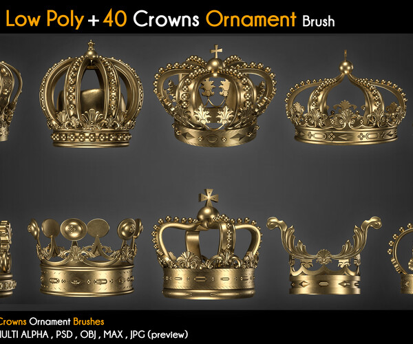 ArtStation 20 Crown Low Poly + 40 Crowns Ornament Brush VOL 3 Brushes