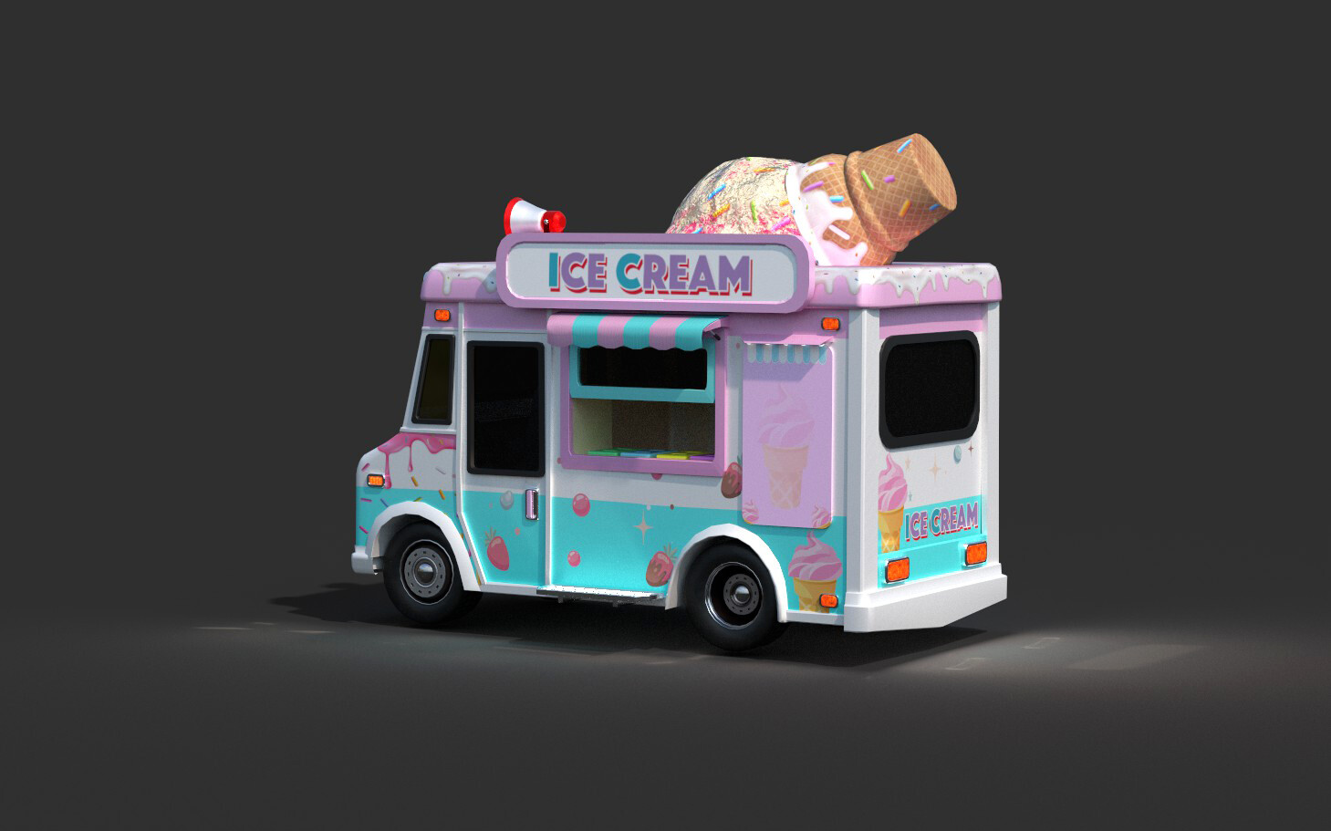 3D model Low Poly Game Ready Ice-Cream Truck with PBR textures VR