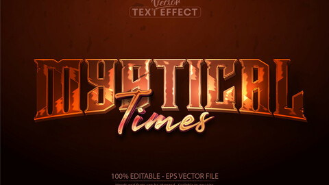 Medieval game text effect, editable shiny bronze text style, mystical times text on dark orange background