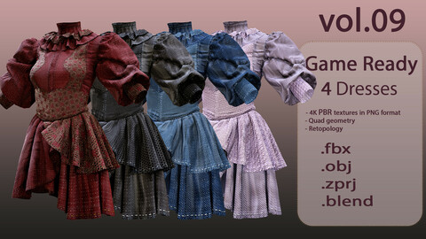 4 Dresses (low poly) vol_09:marvelous designer+obj+fbx+blender+pbr textures