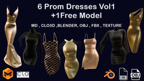 6  Prom Dresses Vol1+1Free Model , Marvelous Designer, Projects Files: Zprj ,BLENDER, OBJ , FBX , Highpoly , Texture
