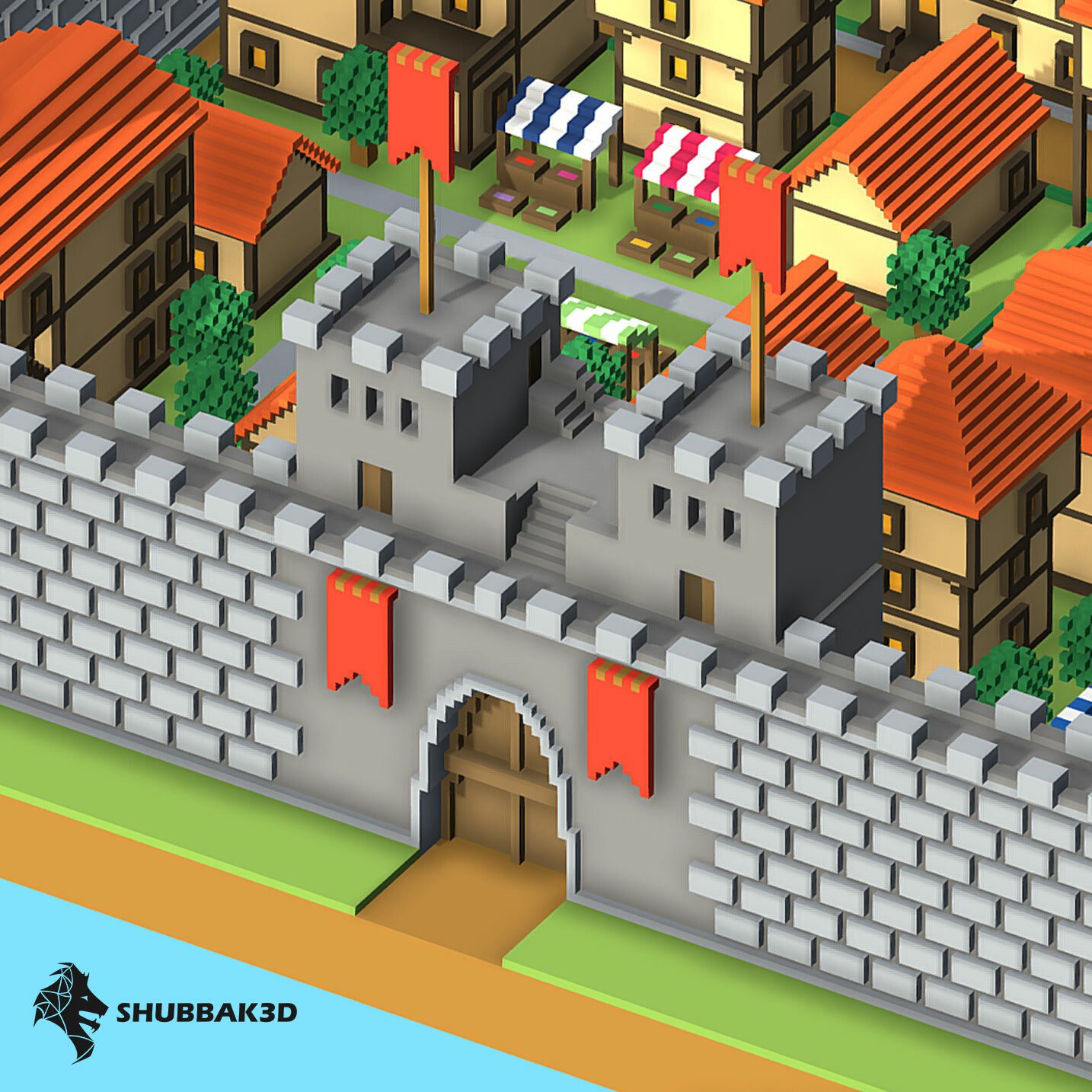 Artstation voxel medieval castle town game assets