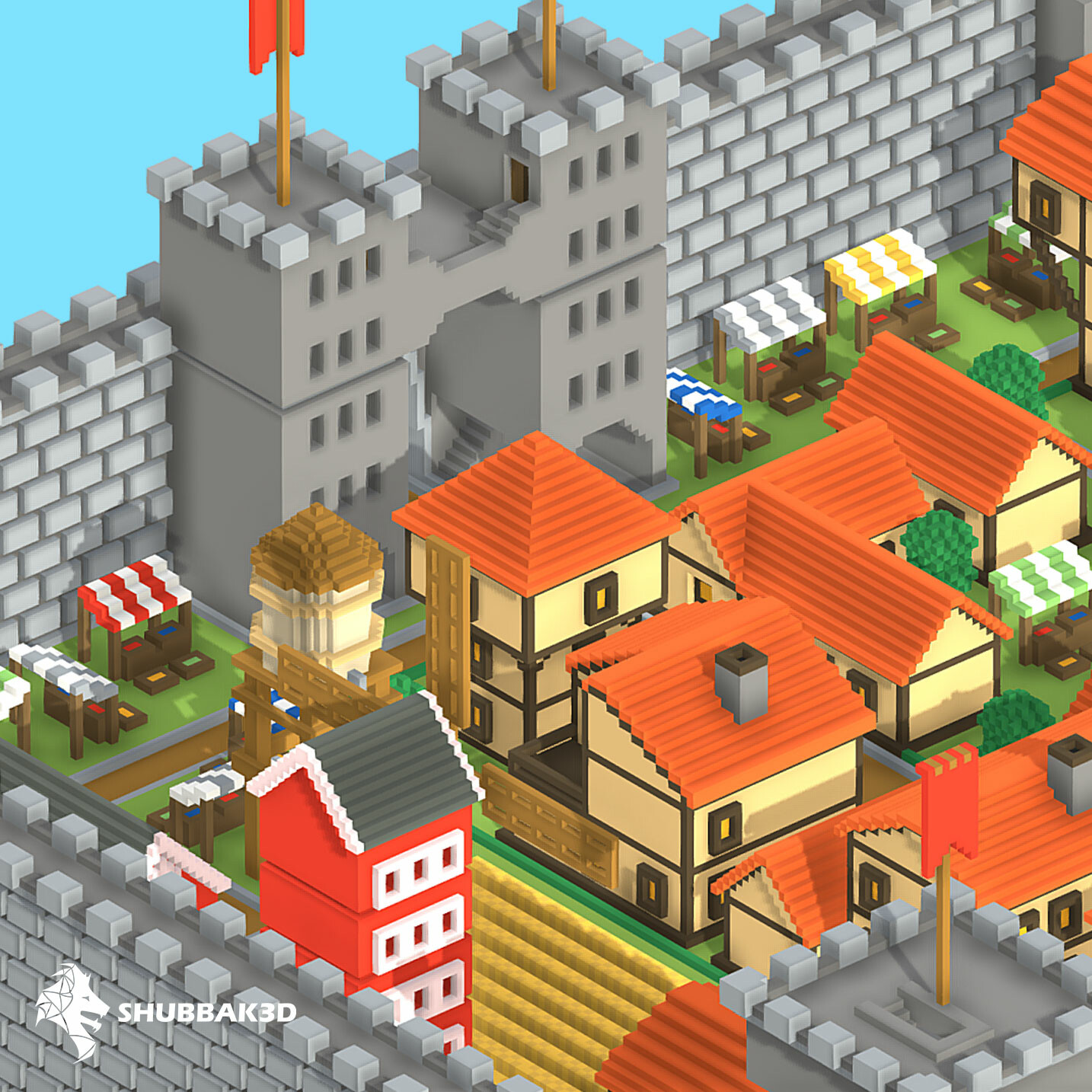 Artstation voxel medieval castle town game assets