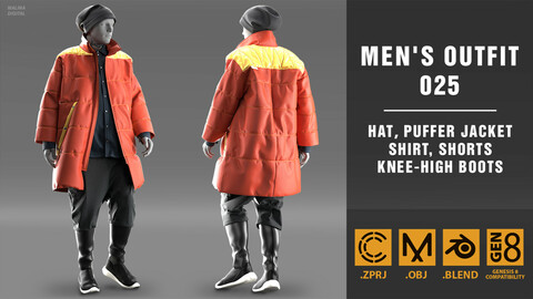 Men's outfit_025 with puffer jacket. Marvelous Designer/Clo3D project file + OBJ + Blend