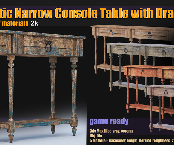 ArtStation Rustic Narrow Console Table with Drawers Game Assets