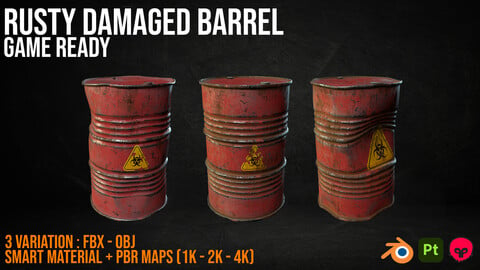 3 Variation of Rusty Corroded Barrels Collection - Low Poly 1k to 4K PBR textures + SPSM Smart Material