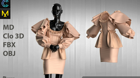 Romantic dress. Clo 3D/MD project + OBJ, FBX files