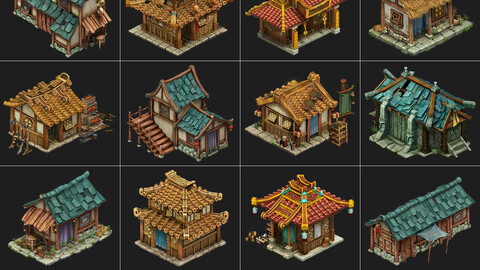 20 Asian Home House Hut Building Game Assets